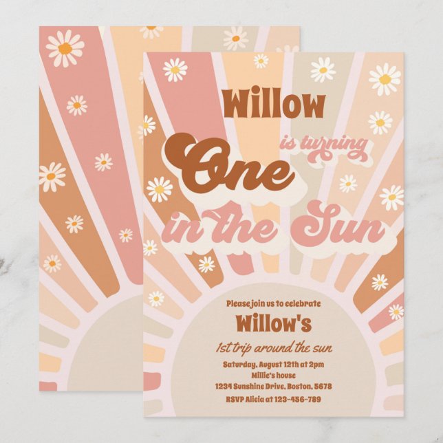 Retro Little Sunshine One In The Sun Birthday Invitation (Front/Back)