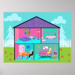 Retro Living Dollhouse Poster<br><div class="desc">This Retro Living Dollhouse Poster will add a touch of whimsy to any girl's room. The design features a cartoon drawing of a classic, child's dollhouse. The two-story dollhouse shows every little girl's idea of glamour. The kitchen features turquoise and pink walls and flooring, a light pink refrigerator, an orange...</div>