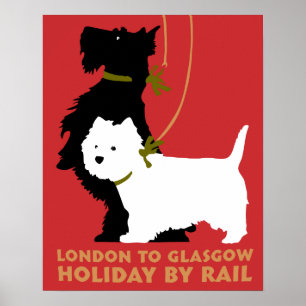 Retro London and Glasgow by train, dogs terriers Poster