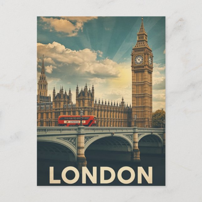 Retro London Big Ben and Bus Postcard (Front)