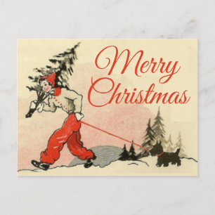 Retro Look Scottie and New Christmas Tree Holiday Postcard