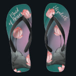 Retro Lotus Flowers Wedding Personalised Flip Flops<br><div class="desc">These classic yet trendy flip flops feature a retro aesthetic pattern of pink lotus flowers painting on dark teal green to pink gradient background. The gorgeous flip flops are a personalised and memorable gift for wedding party members: bride, bridesmaids, mother of the bride, maid of honour... They will add a stylish...</div>