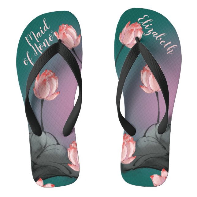 Retro Lotus Flowers Wedding Personalised Flip Flops (Footbed)
