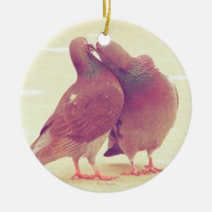 Retro Love Birds Kissing Pigeon Ceramic Tree Decoration