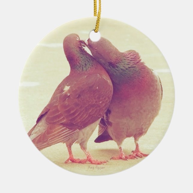 Retro Love Birds Kissing Pigeon Ceramic Tree Decoration (Front)