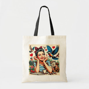 Retro Love Birds Tote Bag