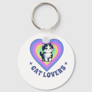 Retro Love Cats Illustration for Cat Lovers Key Ring