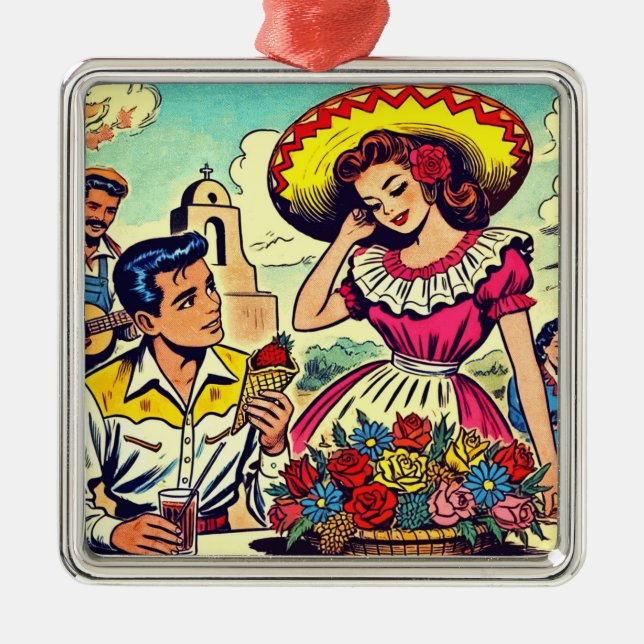 Retro Love Couple Comic Metal Tree Decoration (Front)