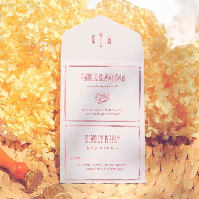 Retro Love Struck Hand Written Cupid Photo Wedding All In One Invitation (Creator Uploaded)