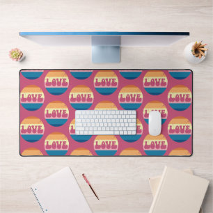 Retro Love Typography On Vintage Sunset Stripes Desk Mat