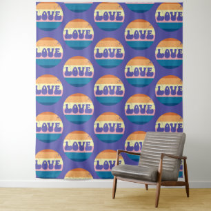 Retro Love Typography On Vintage Sunset Stripes Tapestry