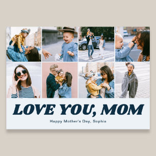 Retro Love You Mum 12 Photo Collage Blue Holiday Card