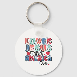 Retro Loves Jesus And America Too God Christian 4t Key Ring