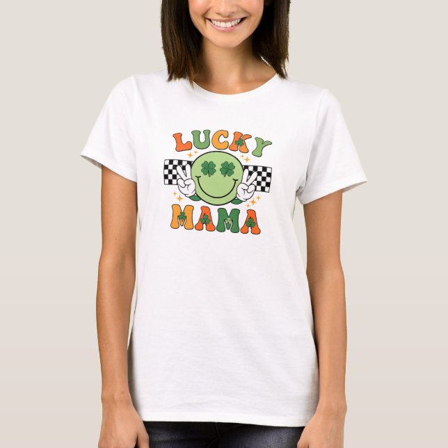 Retro Lucky Mama Smiley Face Shamrock Art T-Shirt (Front)