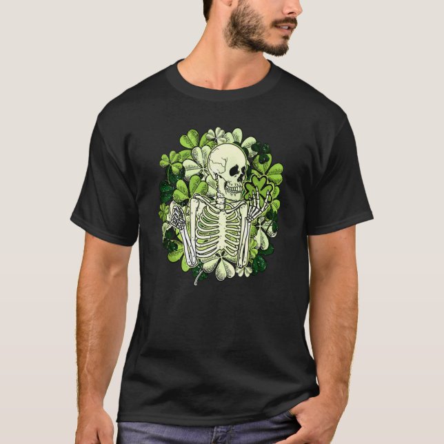 Retro Lucky Skeleton Shamrocks C Patrick's Day Out T-Shirt (Front)