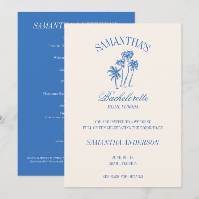 Retro Luxe Blue Beach Bachelorette Logo Girls Trip Invitation (Front/Back)