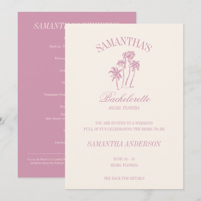 Retro Luxe Pink Palms Bachelorette Logo Girls Trip Invitation (Front/Back)