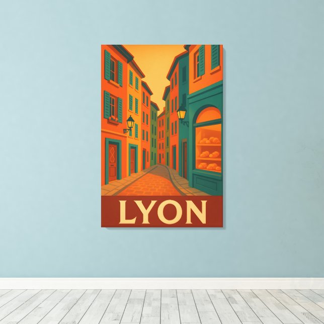 Retro Lyon France Travel : Mid-Century Modern Canvas Print (Insitu(Wood Floor))