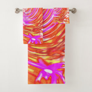 Retro Magenta and Autumn Colours Floral Swirl Bath Towel Set