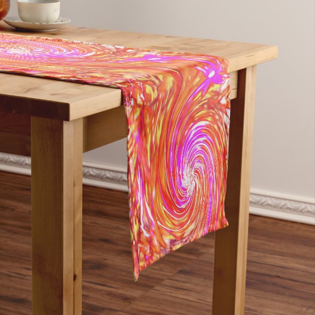 Retro Magenta and Autumn Colours Floral Swirl Short Table Runner (In Situ)