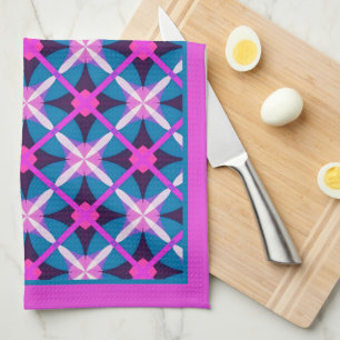 Retro Magenta and Teal Blue Diamond Pattern Tea  Tea Towel