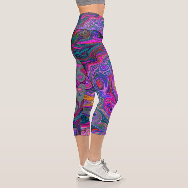 Retro Magenta, Green and Orange Abstract Swirl Capri Leggings (Right)