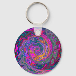 Retro Magenta, Green and Orange Abstract Swirl Key Ring