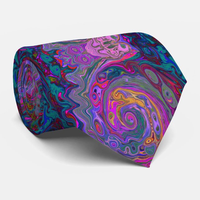Retro Magenta, Green and Orange Abstract Swirl Tie (Rolled)