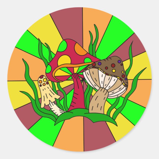 Retro Magic Mushrooms Classic Round Sticker (Front)