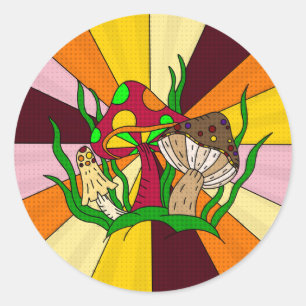 Retro Magic Mushrooms Hand drawn Art Classic Round Sticker