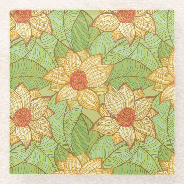 Retro Magnolia Pattern Glass Coaster (Front)