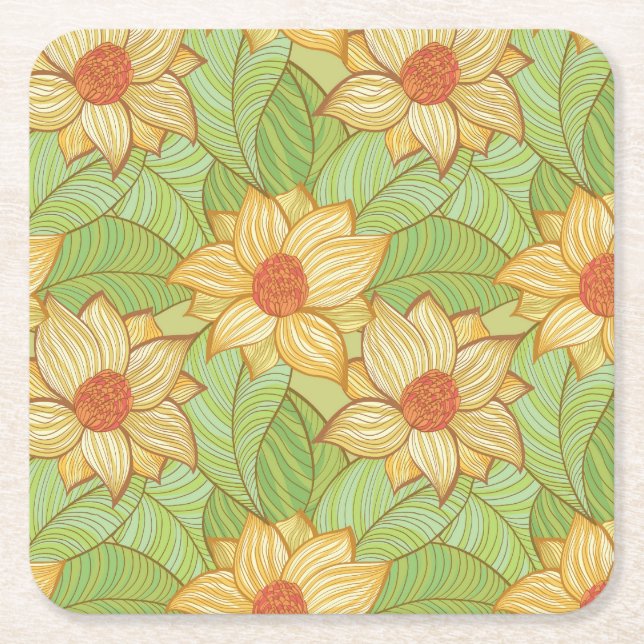 Retro Magnolia Pattern Square Paper Coaster (Front)
