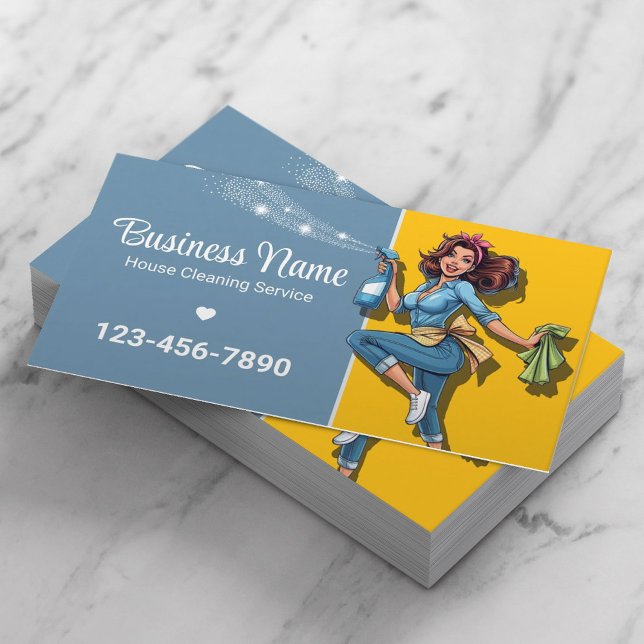 Retro Maid House Cleaning Service Blue & Gold Business Card (Creator Uploaded)