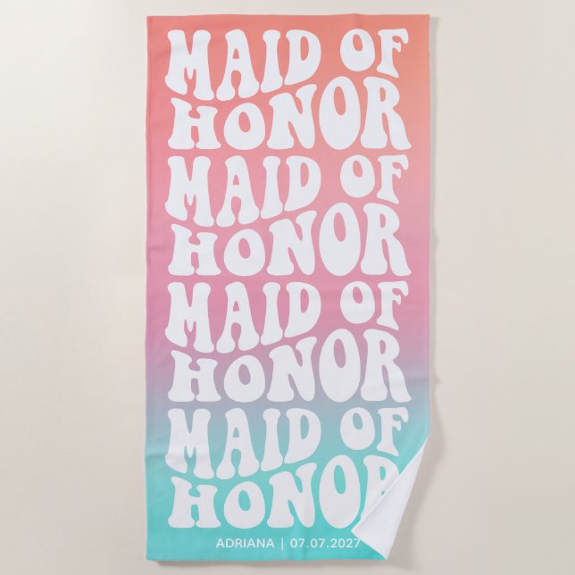 Retro Maid of Honour Pink Aqua Gradient  Beach Towel (Front)