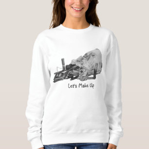 retro makeup bag with fun slogan black and white sweatshirt