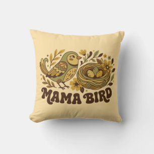 Retro Mama Bird Art – 1970s Vintage Nature Illustr Cushion