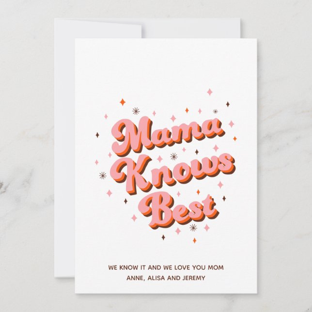 Retro Mama Knows Best Pink Brown 70s Lettering Holiday Card (Front)
