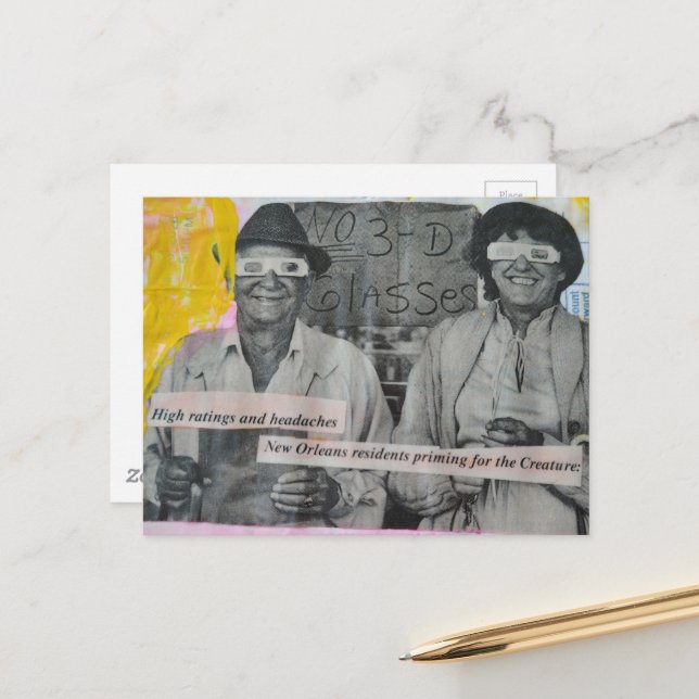 Retro Man and Woman in 3D Glasses Collage Postcard (Front/Back In Situ)
