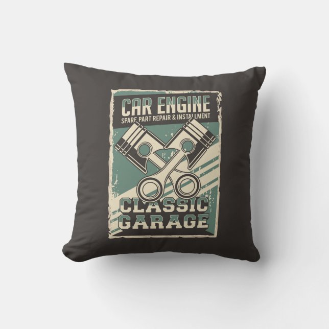 Retro Man Cave Classic Automotive-Car Engine Throw Cushion (Front)