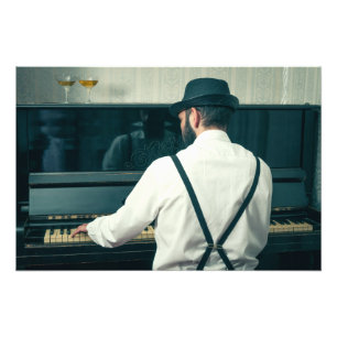 Retro man playing piano and smoking photo print