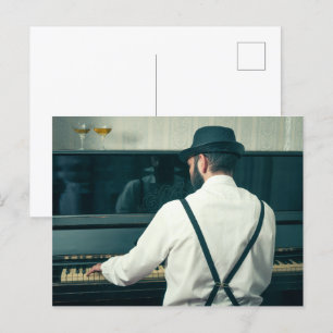Retro man playing piano and smoking postcard
