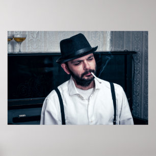 Retro man playing piano and smoking poster