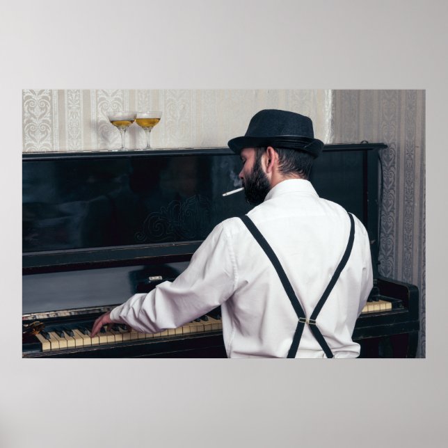 Retro man playing piano and smoking   poster (Front)