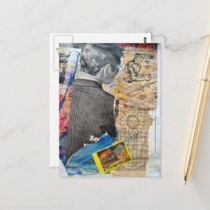 Retro man working Mixed media collage Postcard