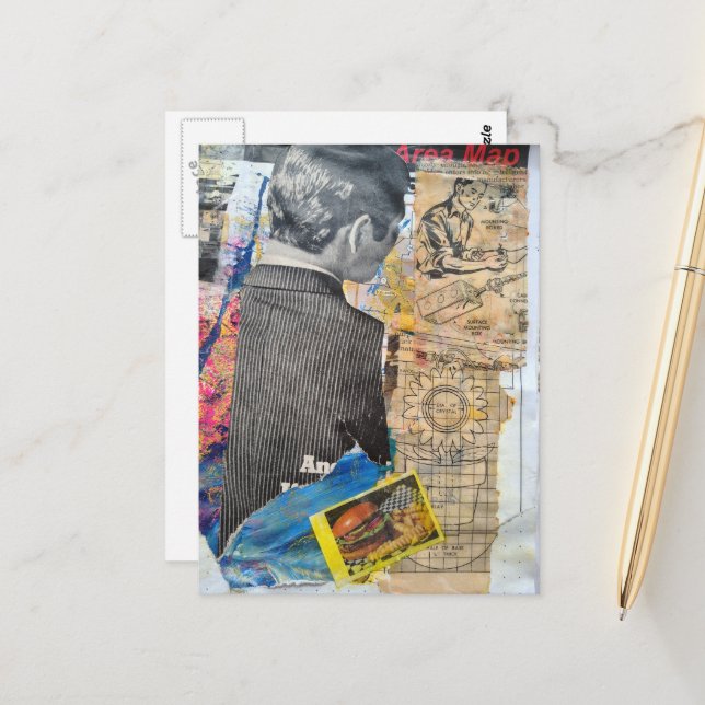 Retro man working Mixed media collage Postcard (Front/Back In Situ)