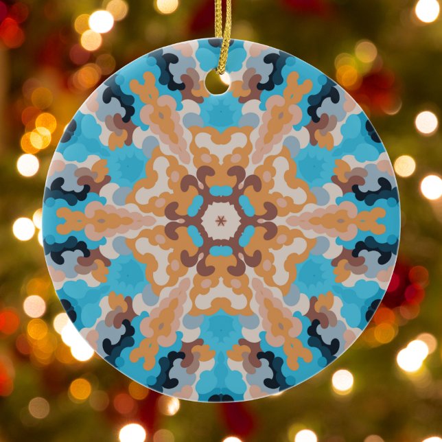 Retro Mandala Blue and Orange Ceramic Tree Decoration (Blue and Orange Retro Mandala Ornament by Wormhole Orbital)