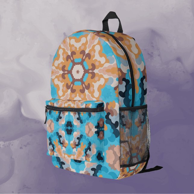 Retro Mandala Blue and Orange Printed Backpack (Creator Uploaded)