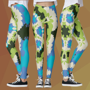 Retro Mandala Blue Green White and Black Leggings