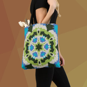 Retro Mandala Blue Green White and Black Tote Bag