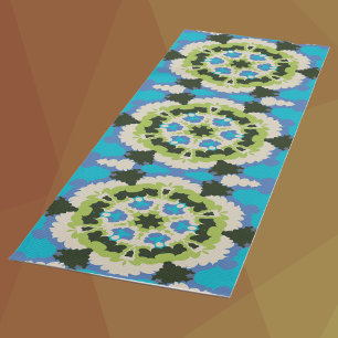 Retro Mandala Blue Green White and Black Yoga Mat
